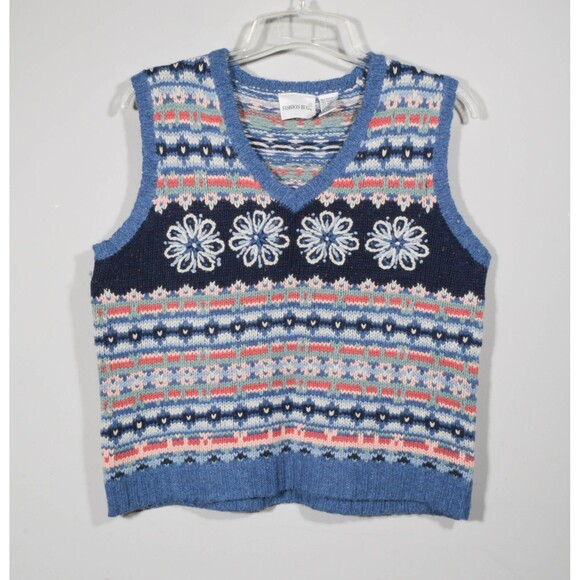 Vintage Fashion Bug Blue Embroidered Boho Festival V Neck Sweater Vest Sz XL - Picture 1 of 3